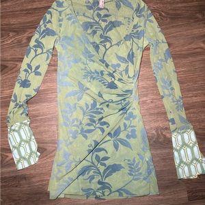 90s green graphic floral retro vibe mini dress / beach cover up